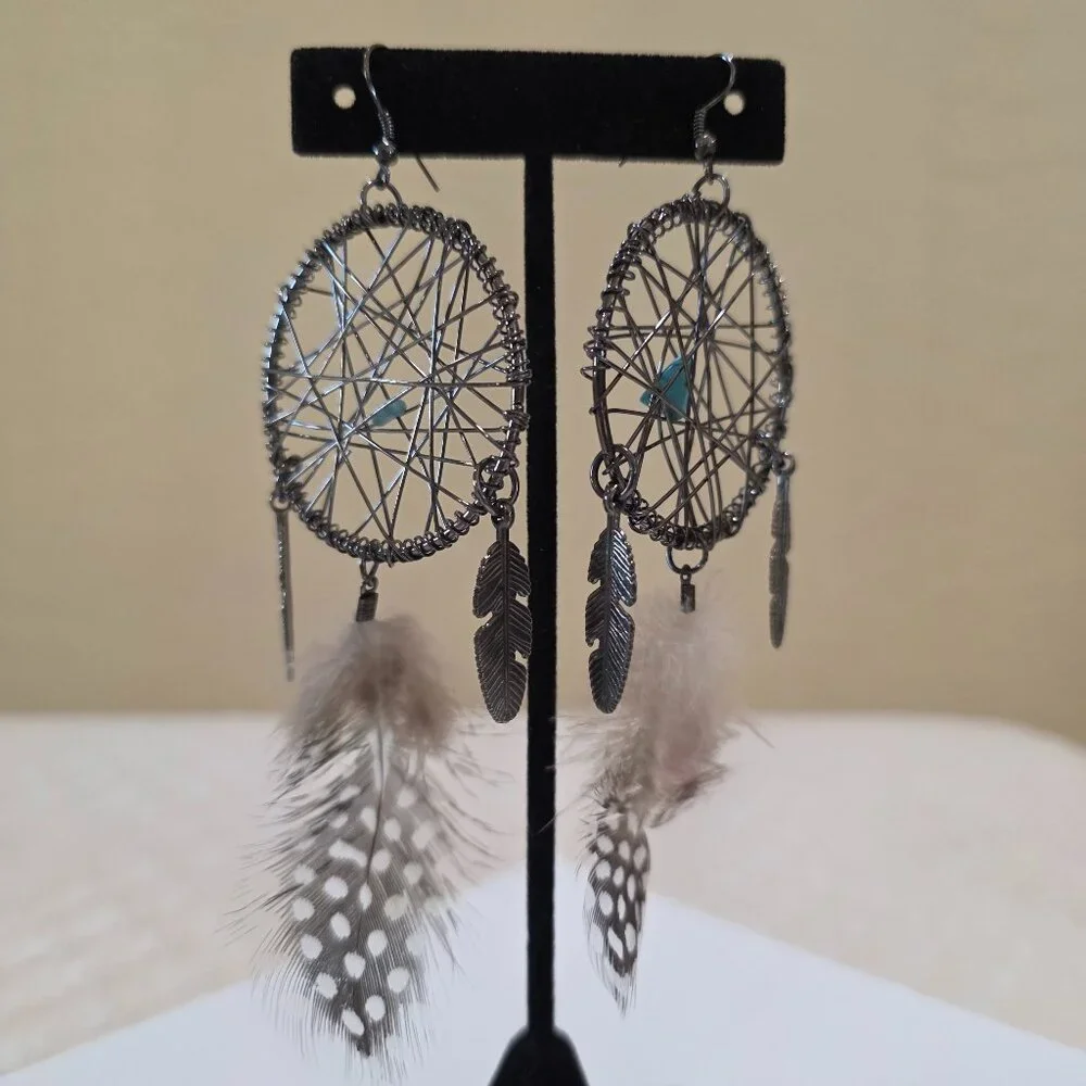 Dreamcatcher Metal Woven Feather Accent Large Long SW Dangle Pierced Earrings